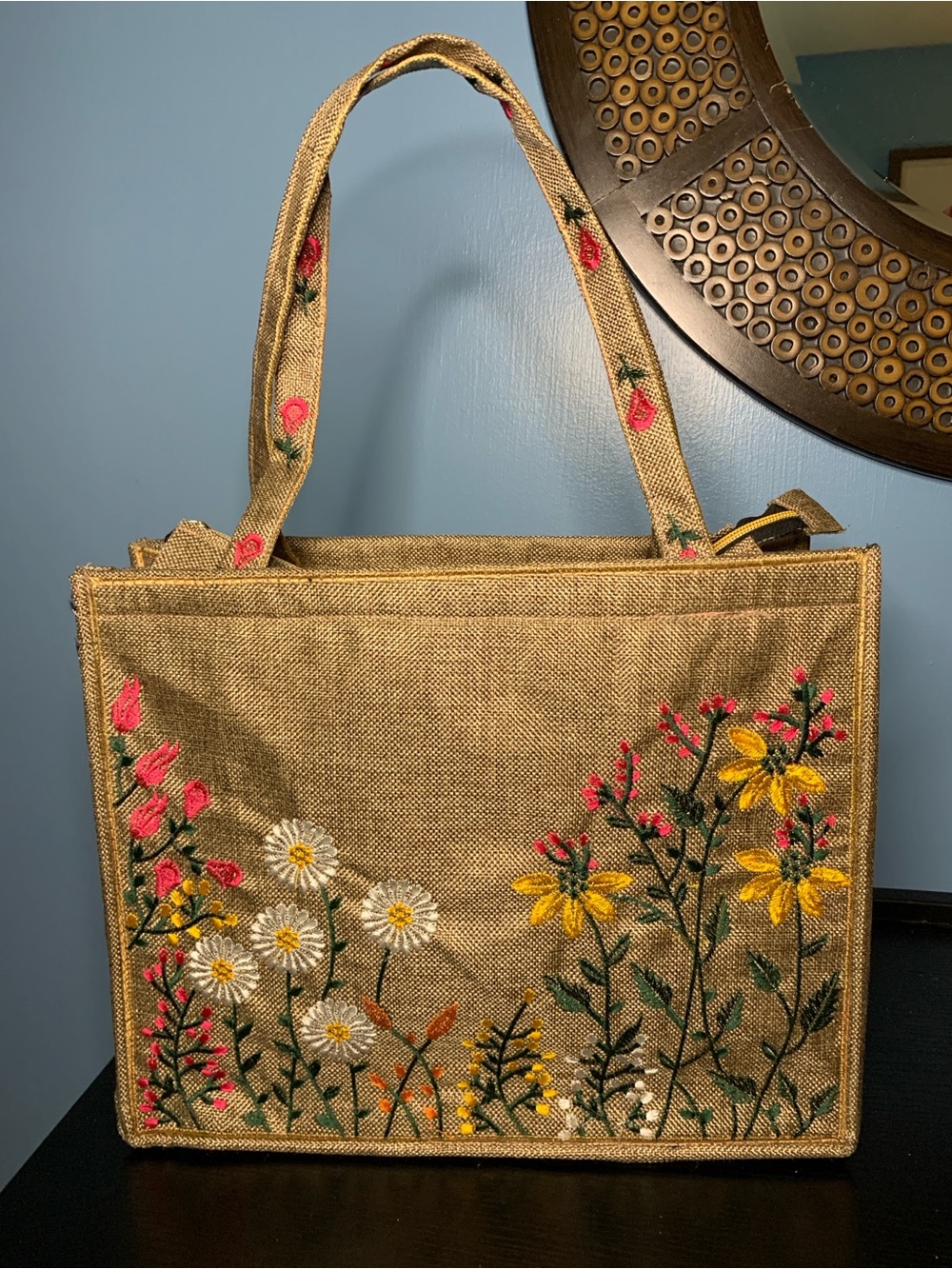 Artisan Jute Tote with Yellow, White, Pink & Green Floral Embroidery